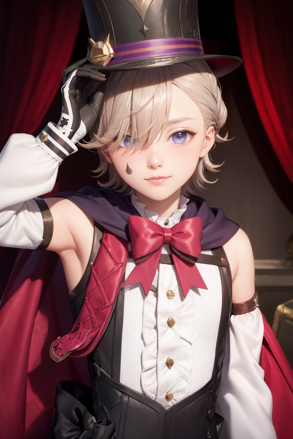 00205-1815216950-masterpiece, best quality, _lora_lyney_1_,lyney, top hat, hat, gloves, card, solo, playing card, black gloves, bow, male focus,.png